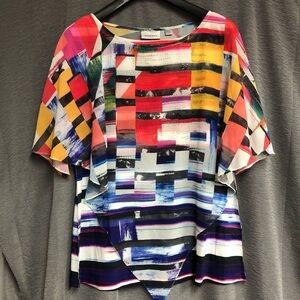 Avenue 10/12, purple black yellow blue white top with sheer scarf type overlay